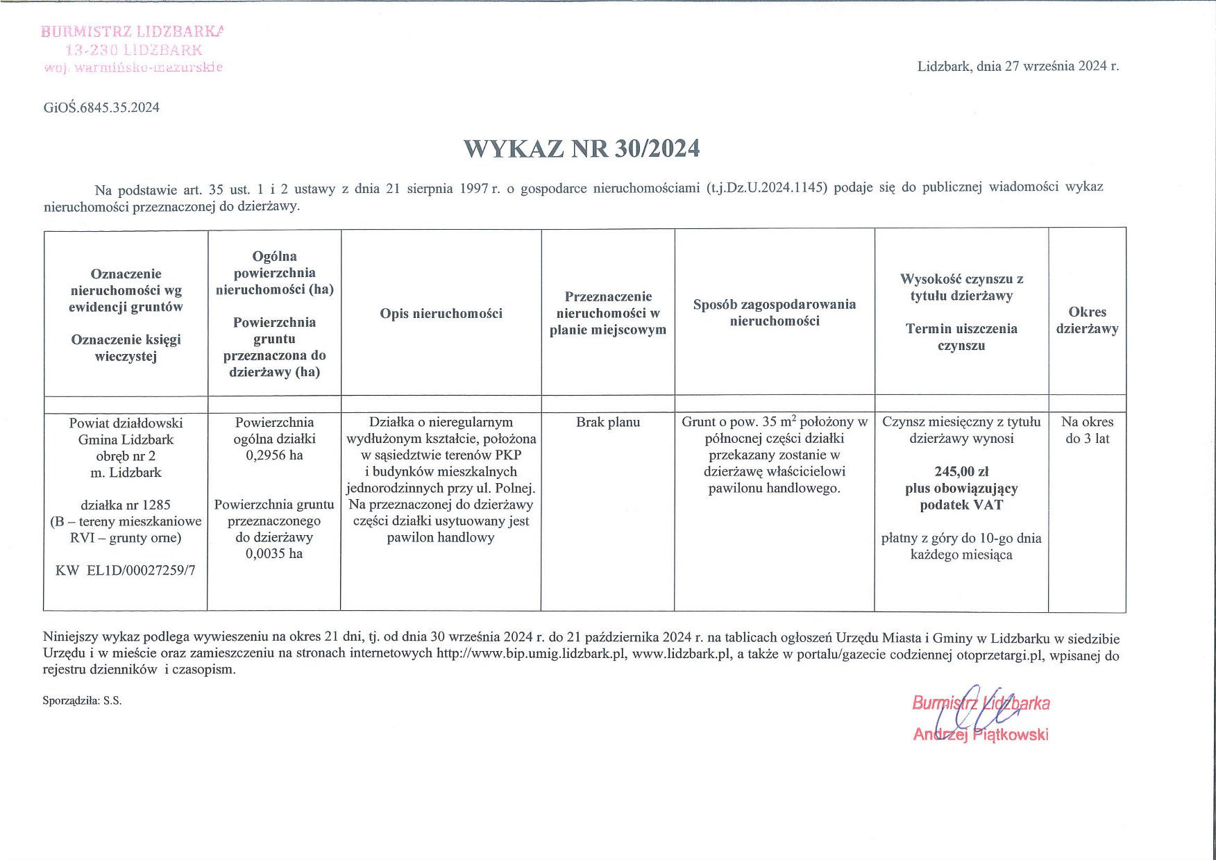 Wykaz Nr 30/2024 - Nieruchomość gruntowa do dzierżawy - Lidzbark, obr. 2, dz. nr 1285